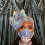 'ZIKORA' AFRICAN PRINT MASK+HEAD-WRAP SET (BLUE SWIRL)