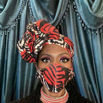 'ZIKORA' AFRICAN PRINT MASK+HEAD-WRAP SET (RED/BLK)